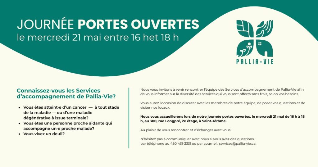 Journée portes ouvertes aux Services d'accompagnement de Pallia-Vie le mercredi 21 mai de 16 h à 18 h